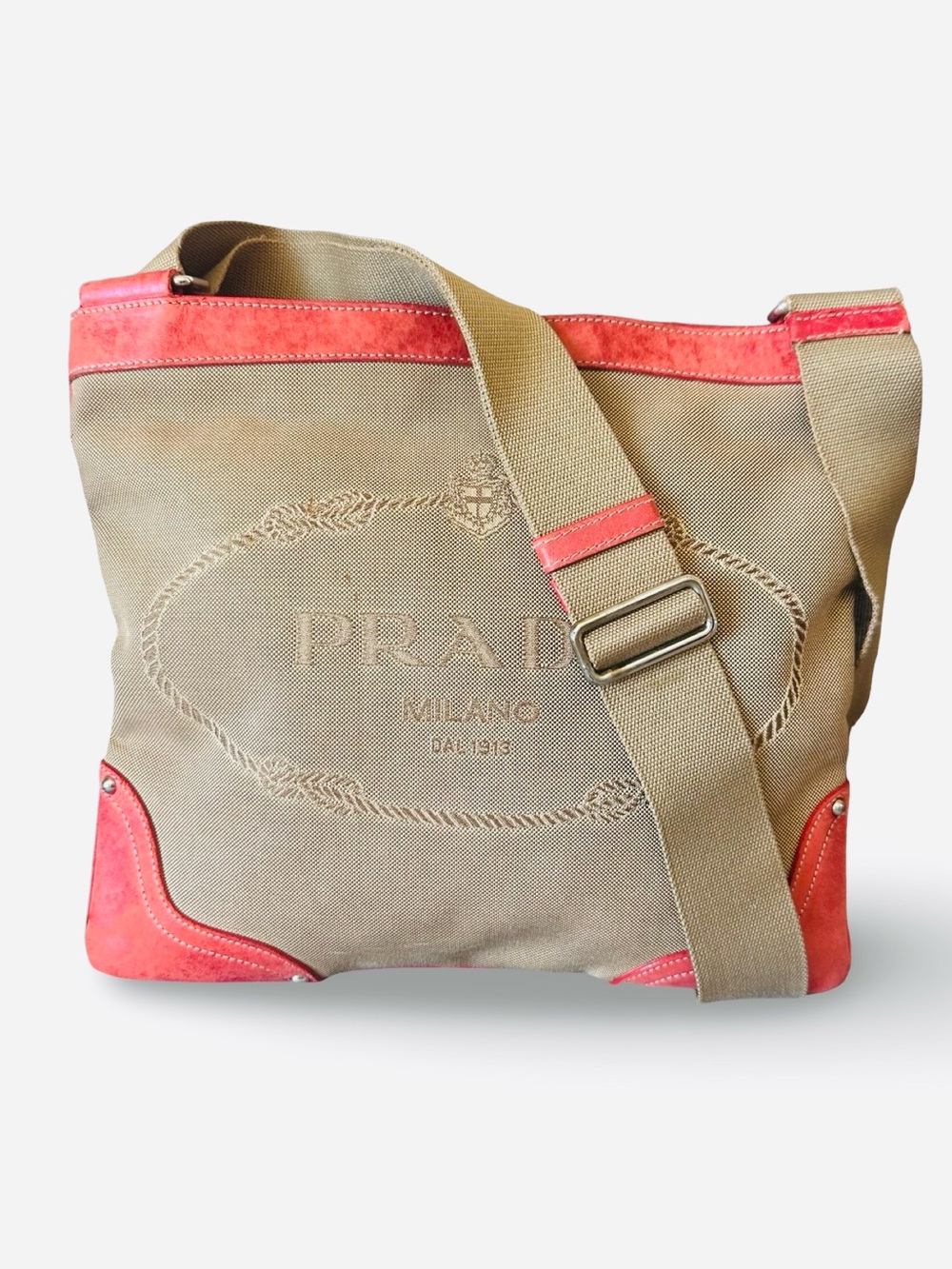 Authentic Vintage Prada Logo Jacquard Canvas Messenger Bag – Coral Suede Trim